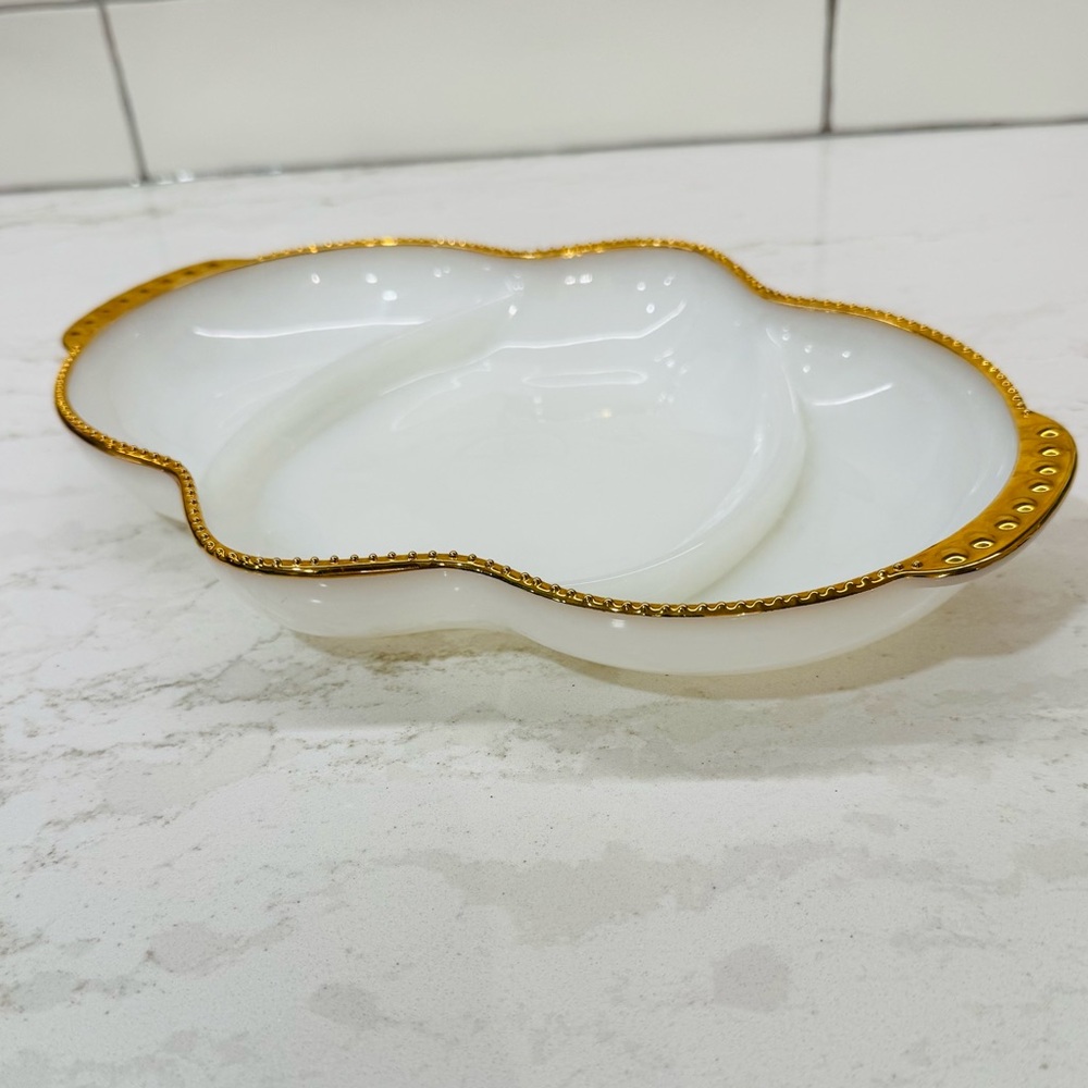 Vintage FIRE-KING Milk Glass Divided Dish with Intact Gold Trim